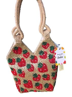 🍓Viral Beaded Strawberry Tote Bag- Red & Strawberry Champagne Gold